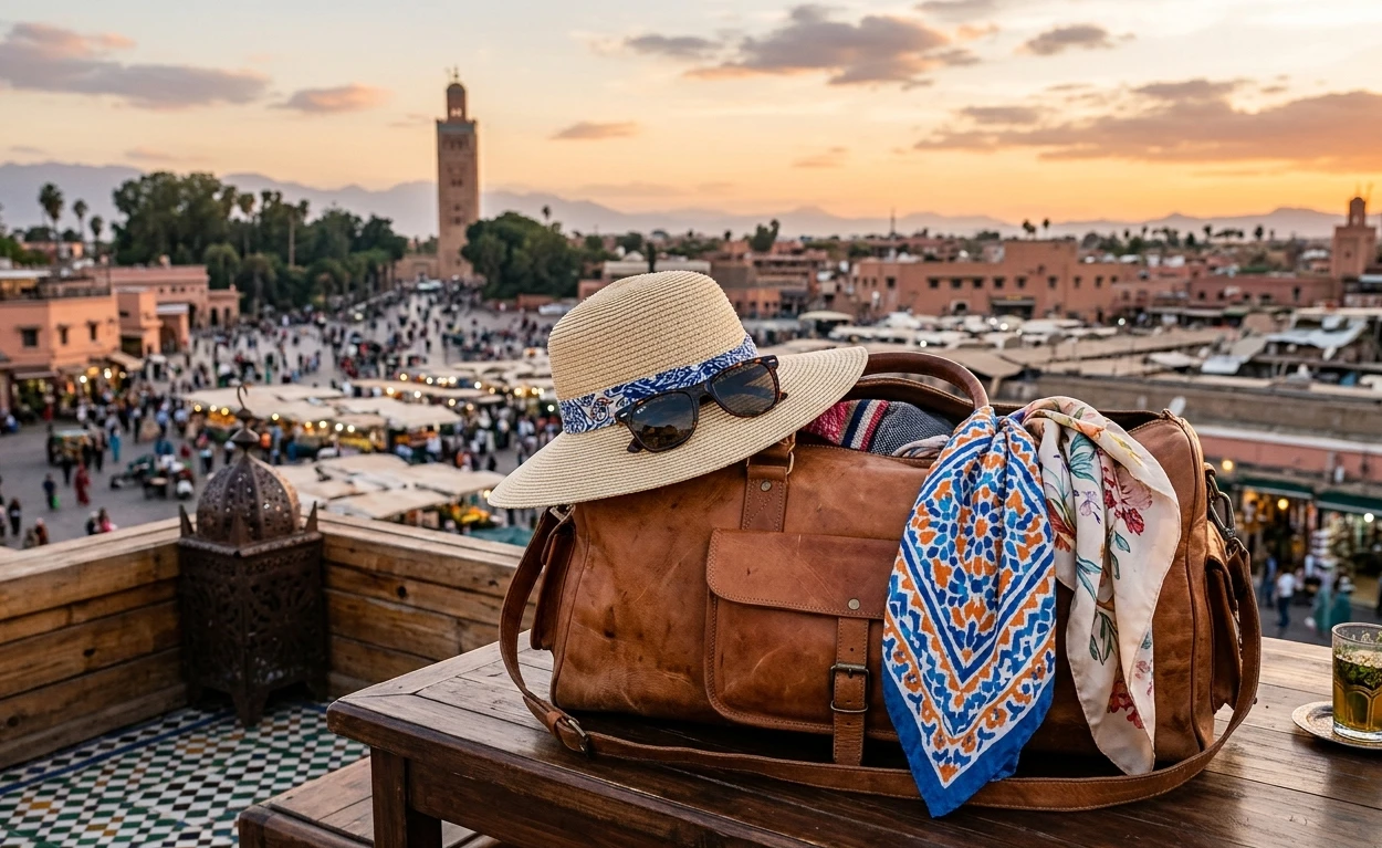 Travel accessories: scarves, sun hat, leather bag, and sunglasses