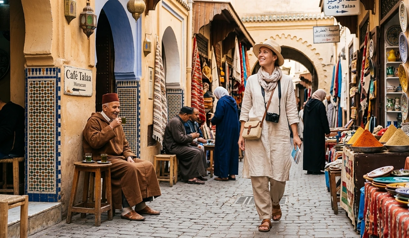 Woman dressed modestly in linen pants and long top exploring a Moroccan medina