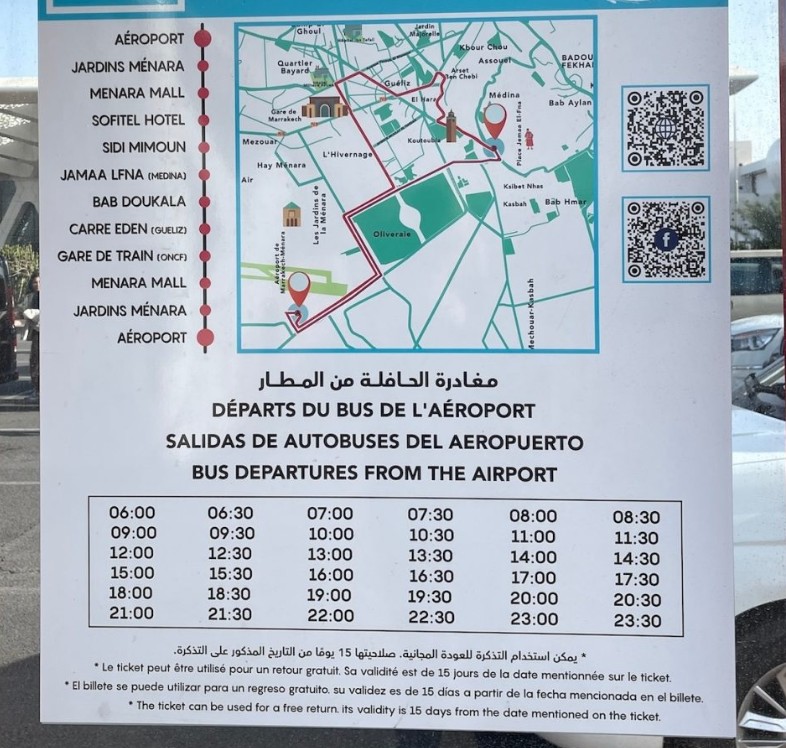 Public bus at Marrakesh airport with posted fare prices