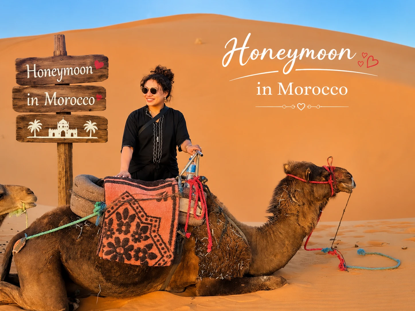 Sahara desert camp at sunset for honeymoon couples