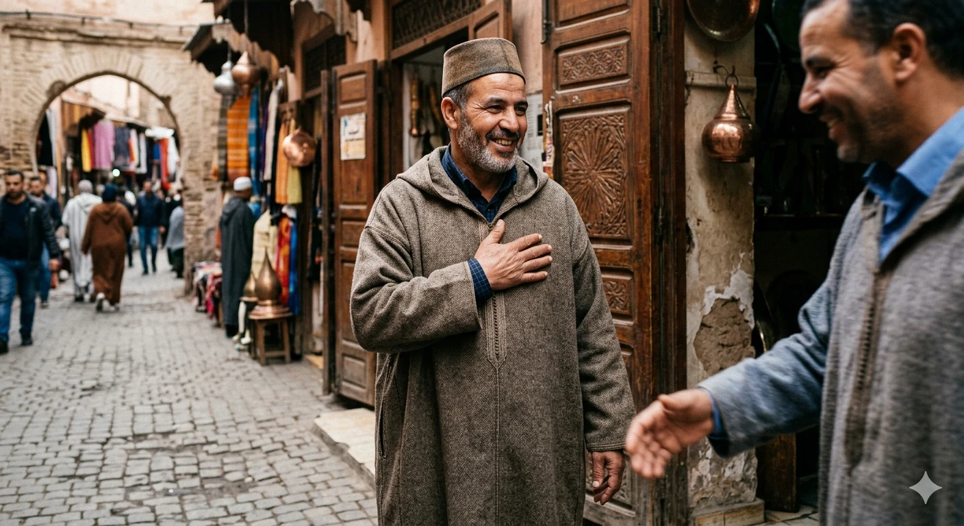 Moroccan man placing hand over heart after a handshake in a traditional greeting