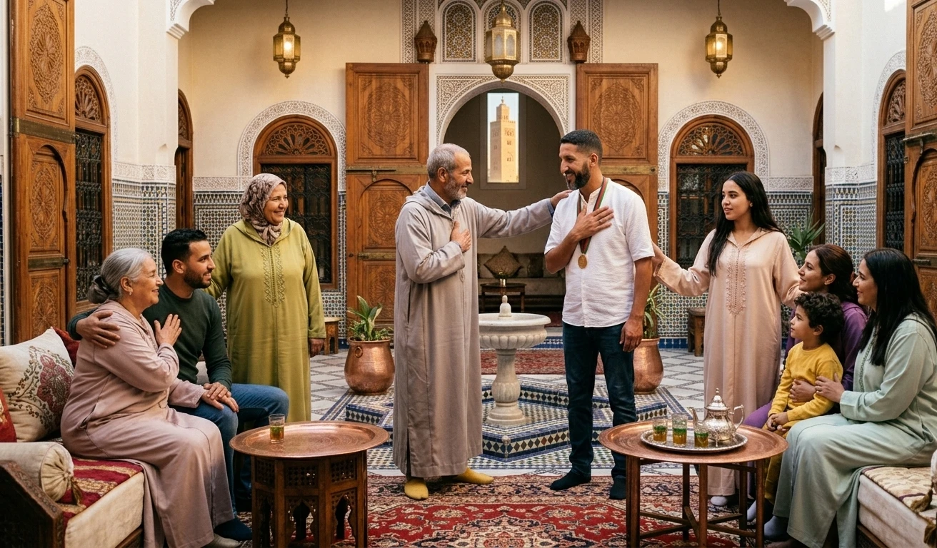 Moroccan people greeting warmly in a traditional setting, cultural etiquette in Morocco