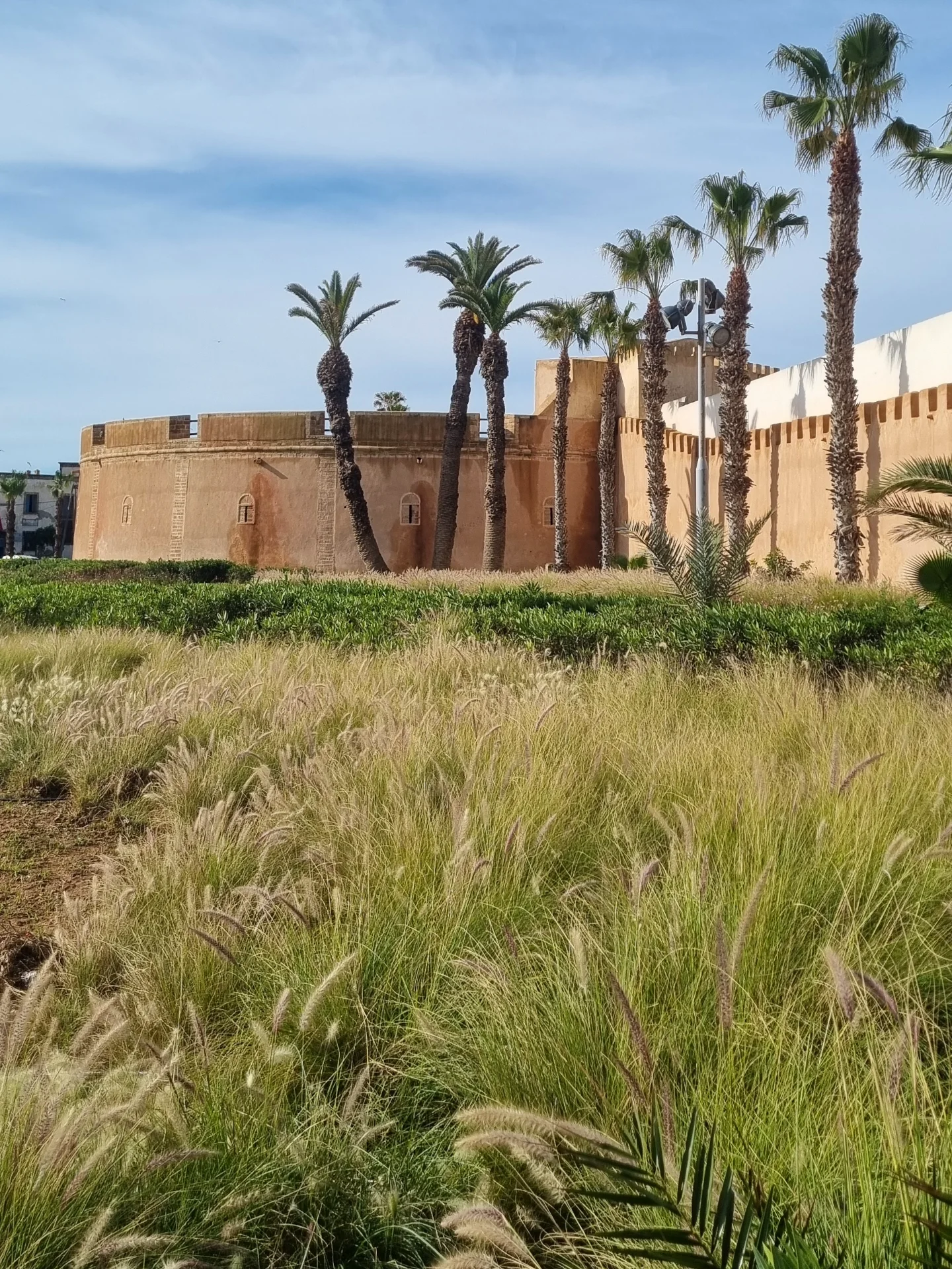 White and blue walls of Essaouira medina with traditional Moroccan architecture