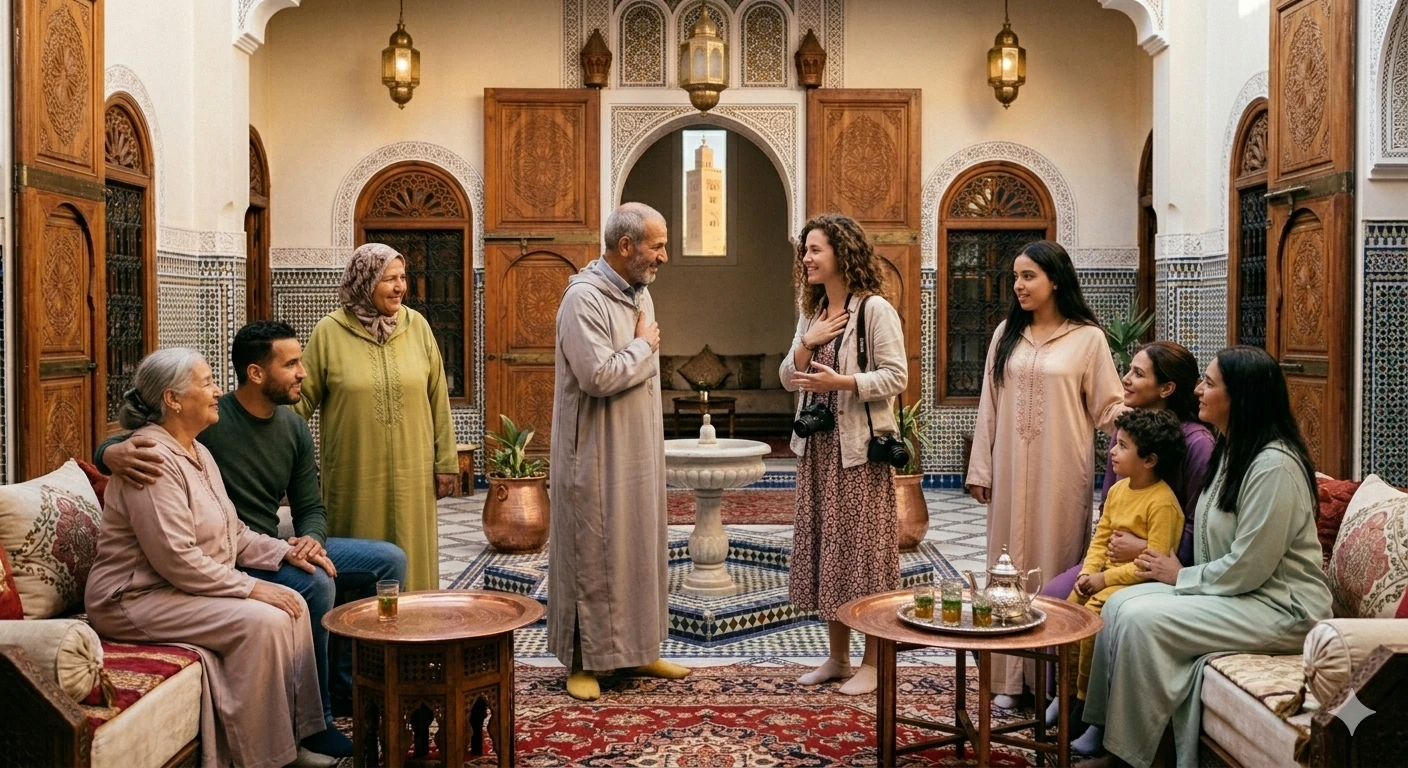 Tourist learning Moroccan greeting customs, hand over heart gesture in Morocco