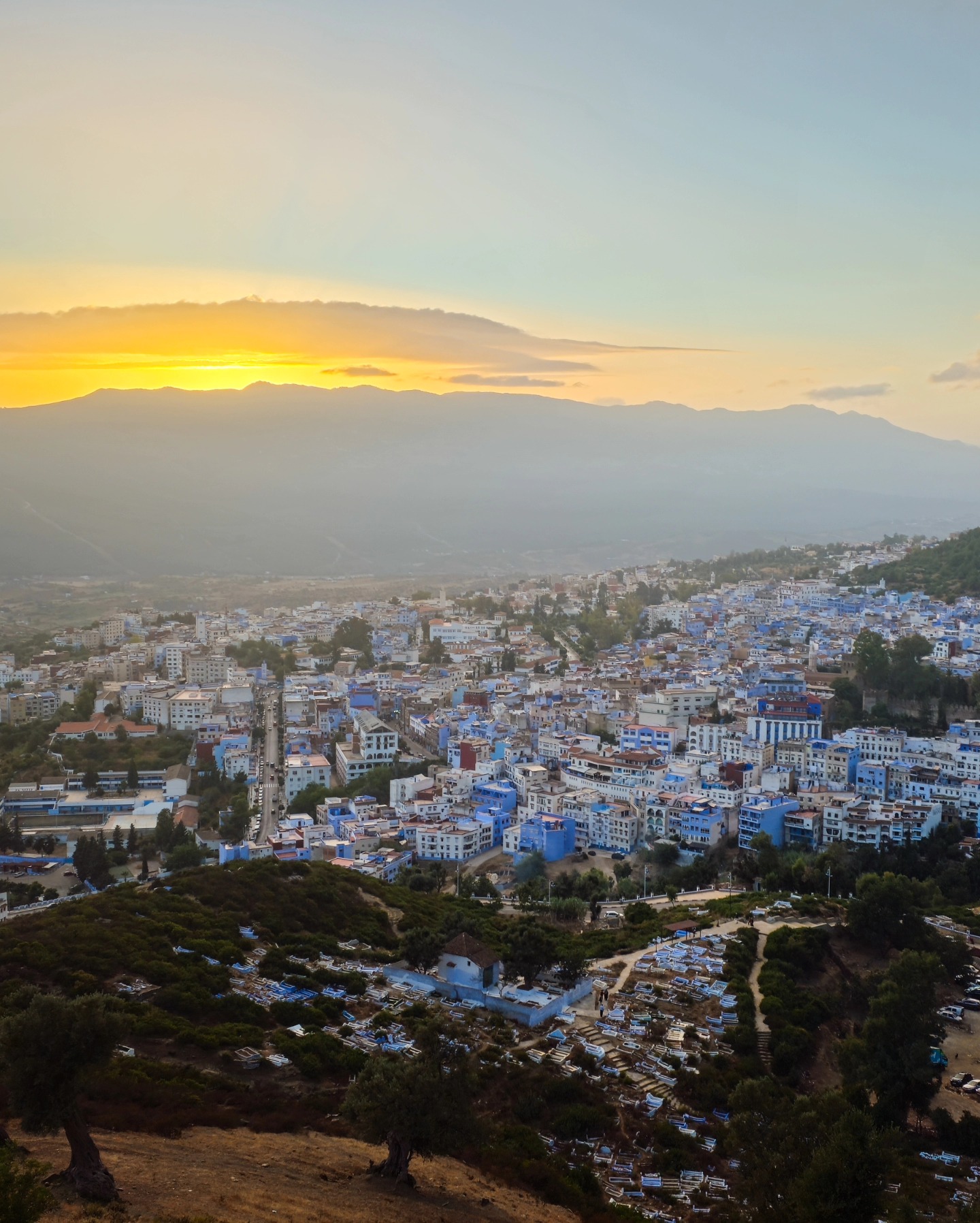 View of Chefchaouen medina from above — blue rooftops surrounded by green Rif Mountains