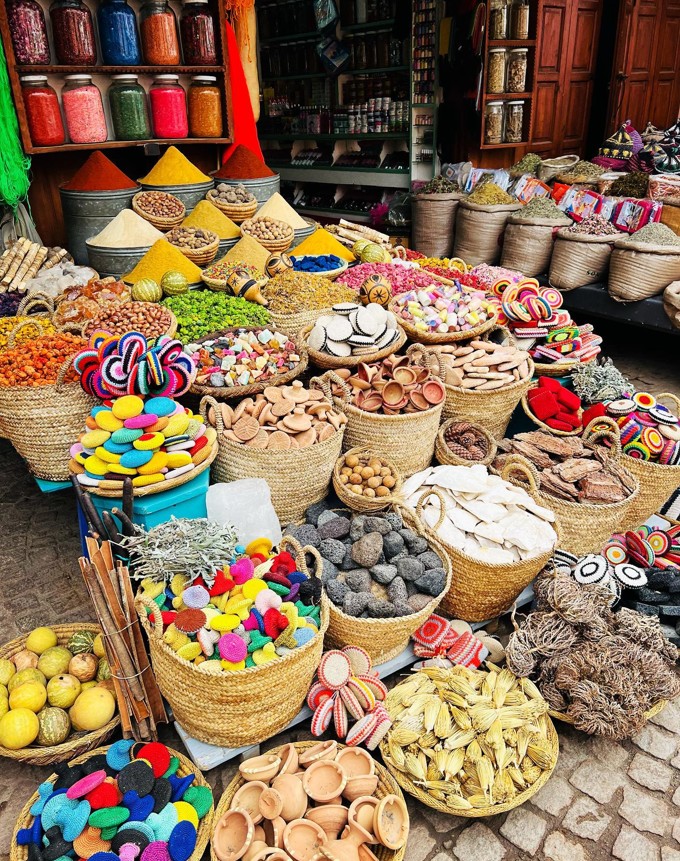 Traditional Moroccan handcrafted goods arranged in a souk stall