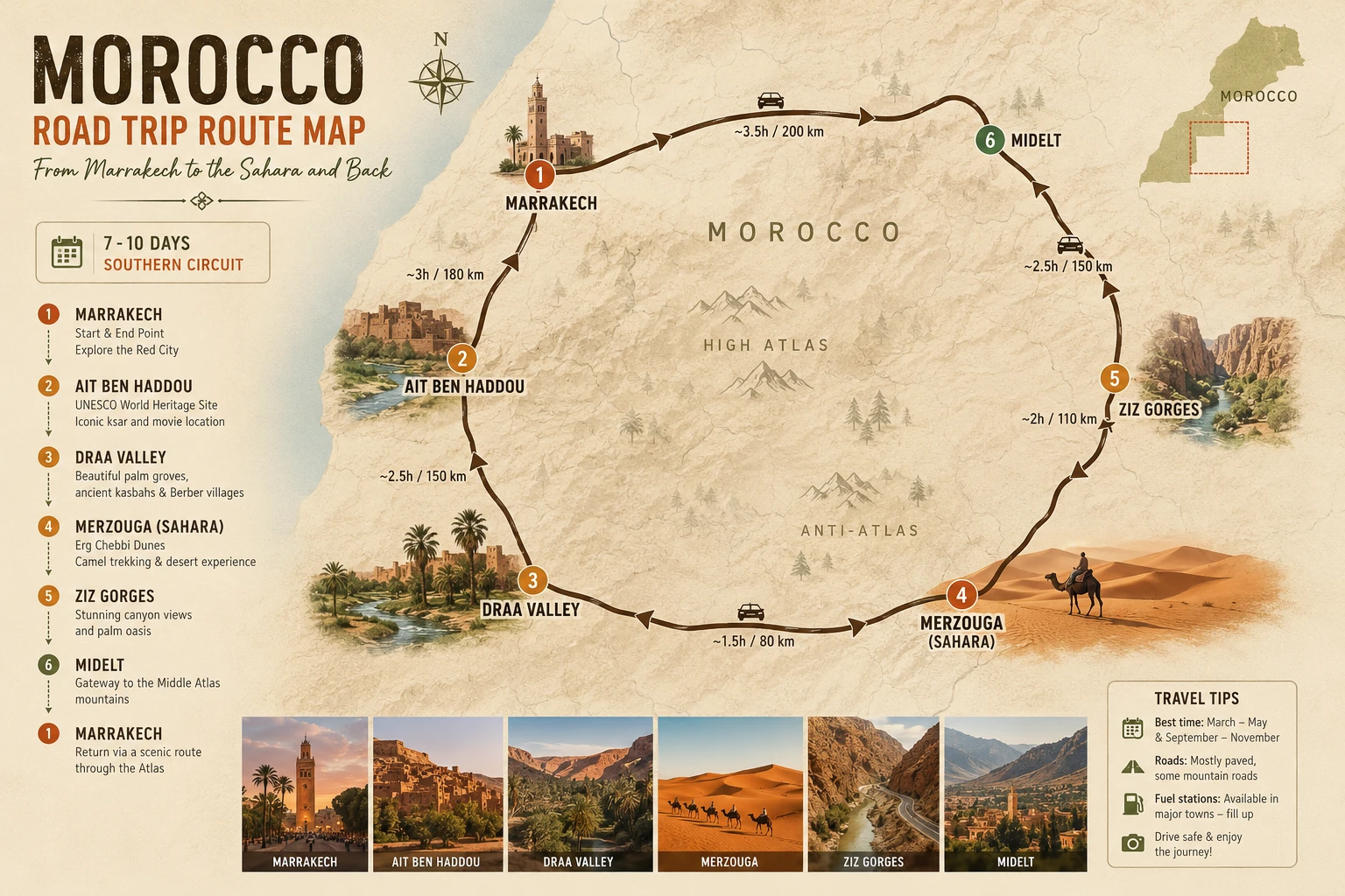 Morocco road trip route map – from Marrakech to the Sahara and back