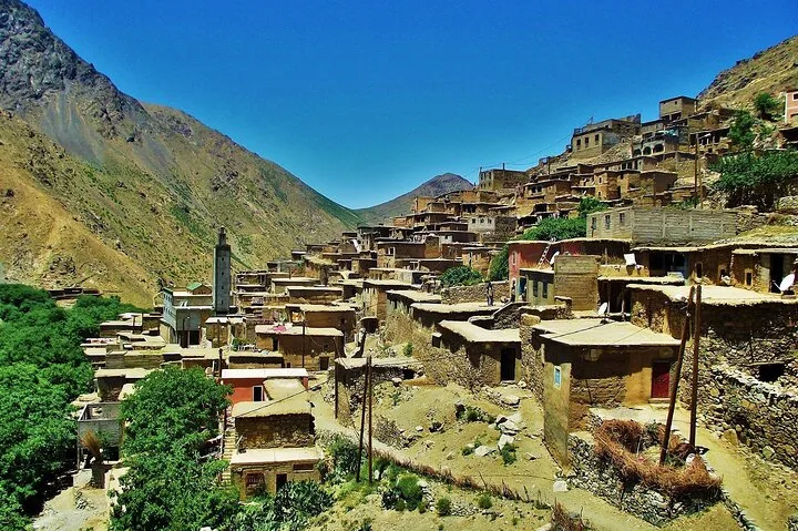 Panoramic view of Berber villages near Marrakech in the Asni valley, High Atlas