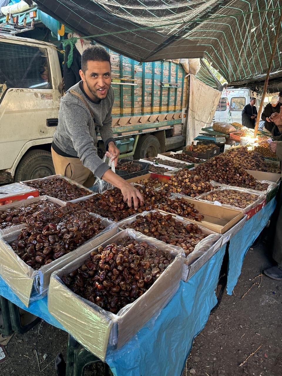 Varieties of Moroccan dates displayed at the Asni weekly souk