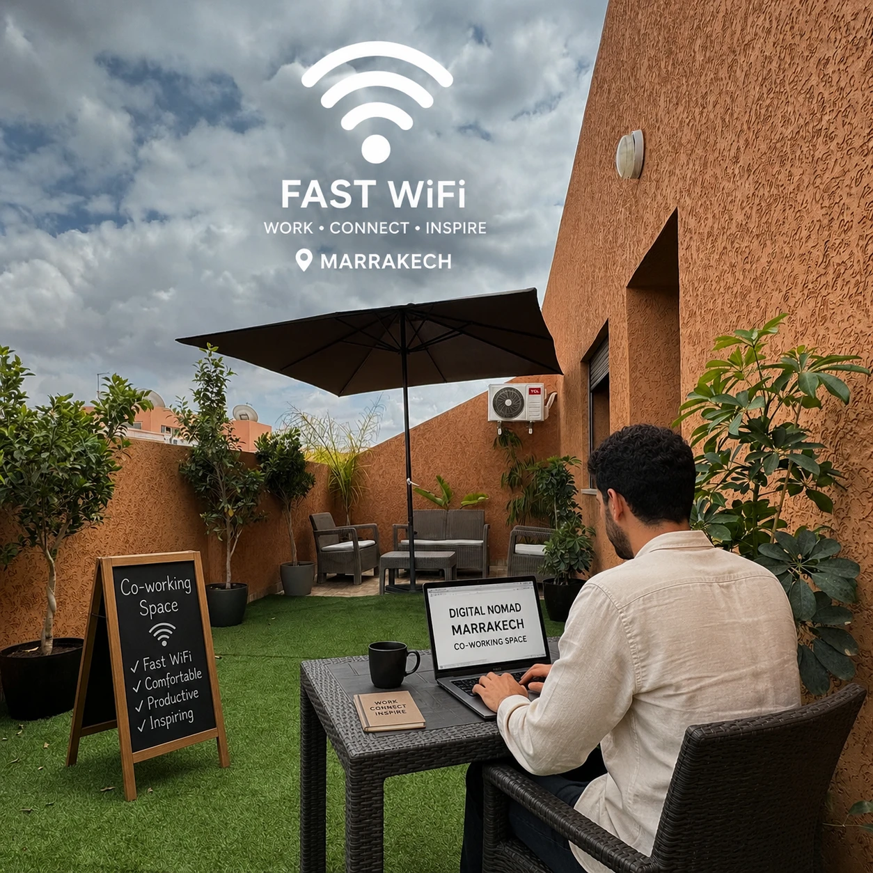 Digital nomad working from a co-working space in Marrakech with fast WiFi