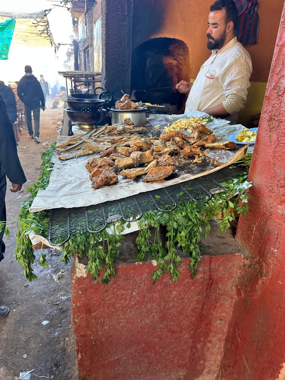 Fried fish stall at the Saturday market in Asni