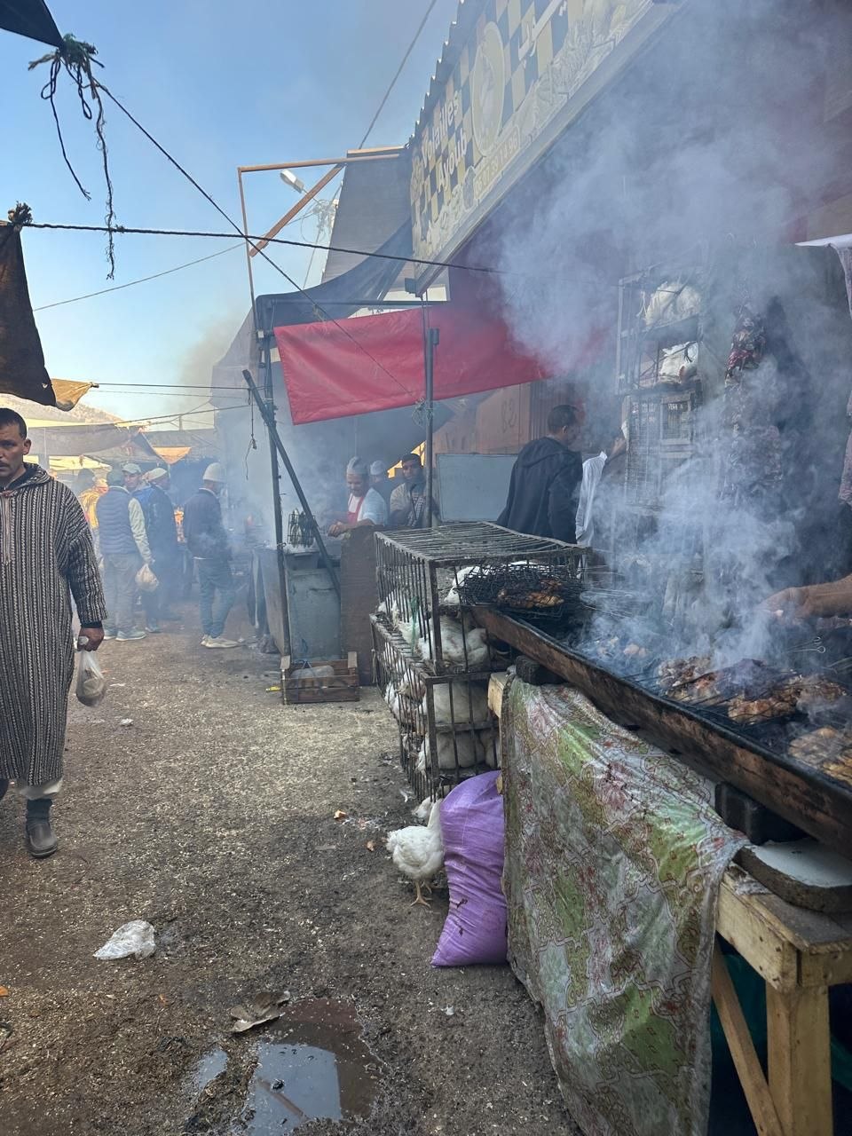 Grilled chicken cooking at the Asni Saturday souk