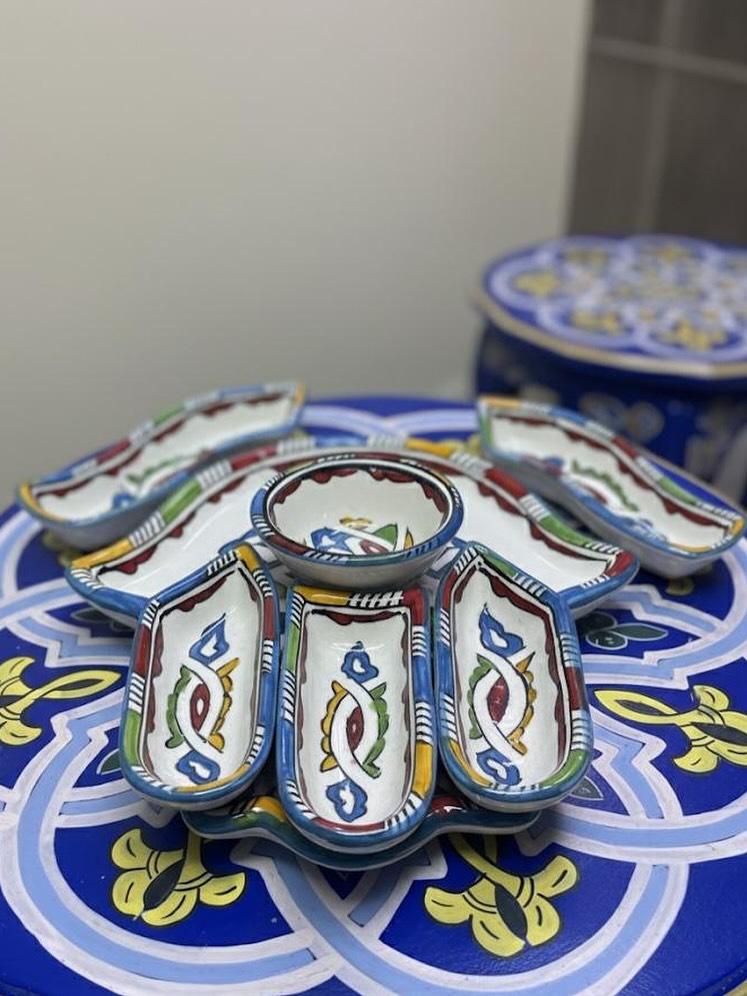 Moroccan ceramic dipping bowls with Hand of Fatima motif