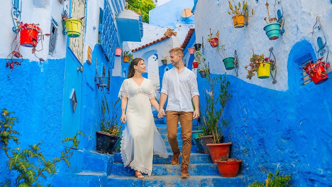 Chefchaouen blue streets honeymoon Morocco romantic alley