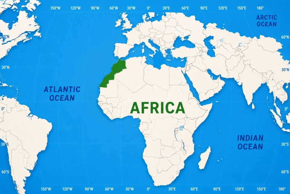 Map showing Morocco's location in North Africa, its border with Algeria and Mauritania, and its proximity to Spain across the Strait of Gibraltar
