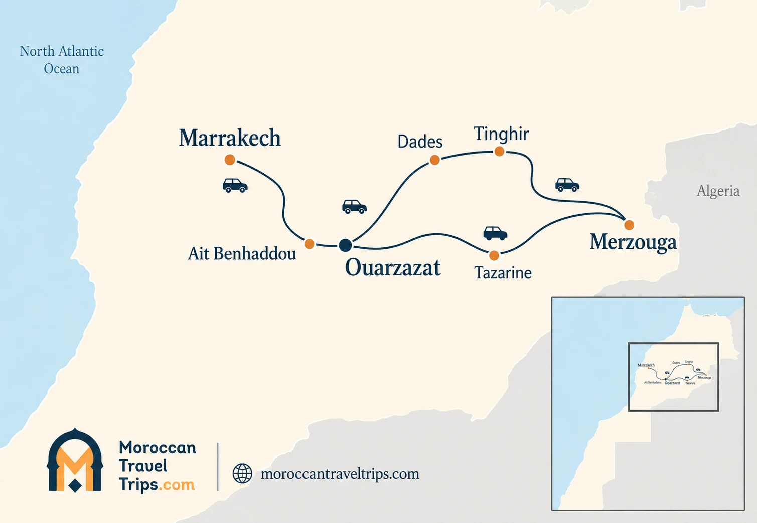 Route map of the private 3-day Marrakech desert tour to Merzouga via Ait Ben Haddou, Dades Valley and Todra Gorge