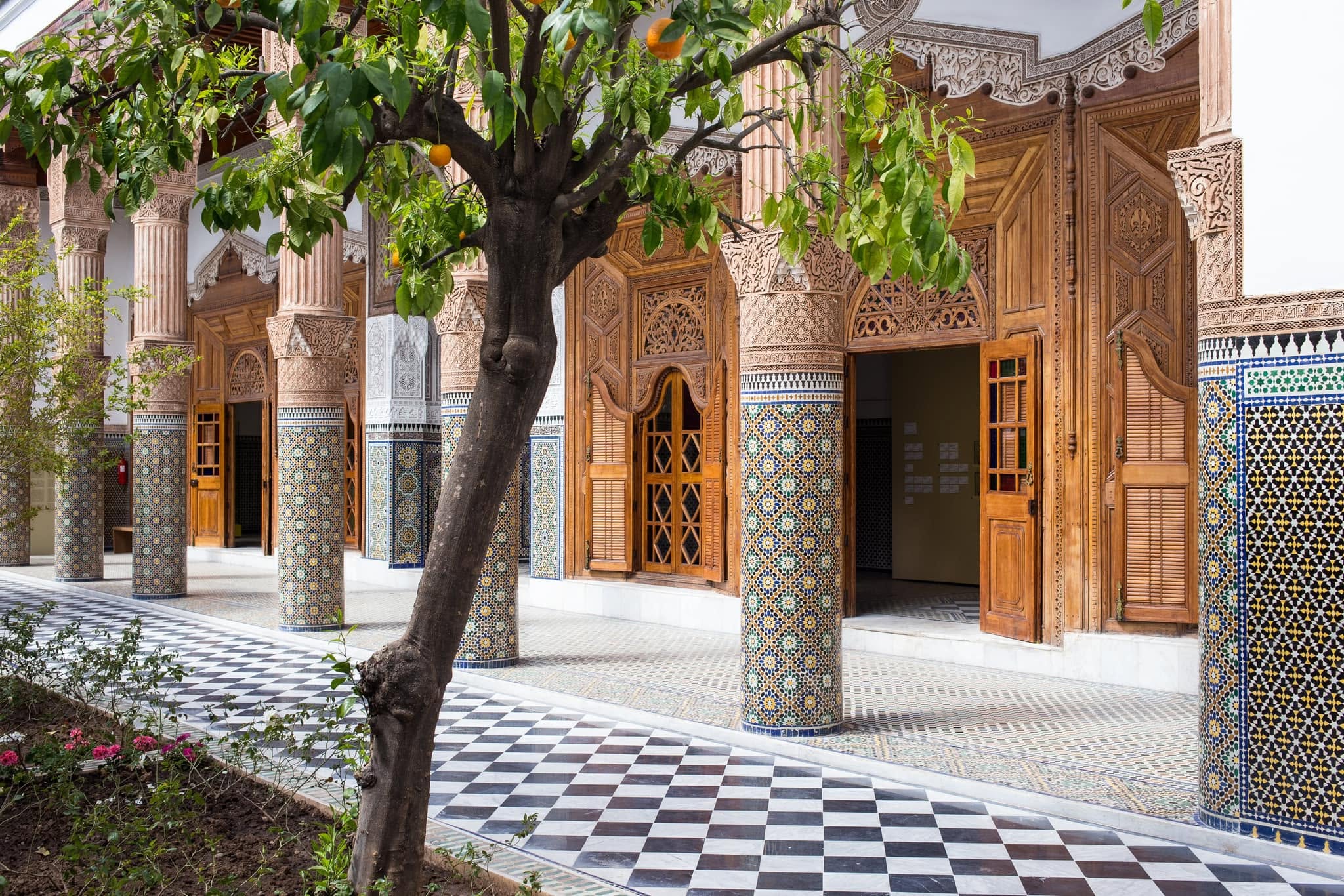 Courtyard and zellij tilework inside Dar el Bacha in Marrakech