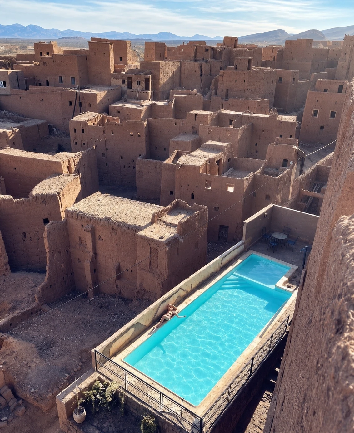 The famous turquoise swimming pool inside Kasbah Oulad Othmane surrounded by earthen walls