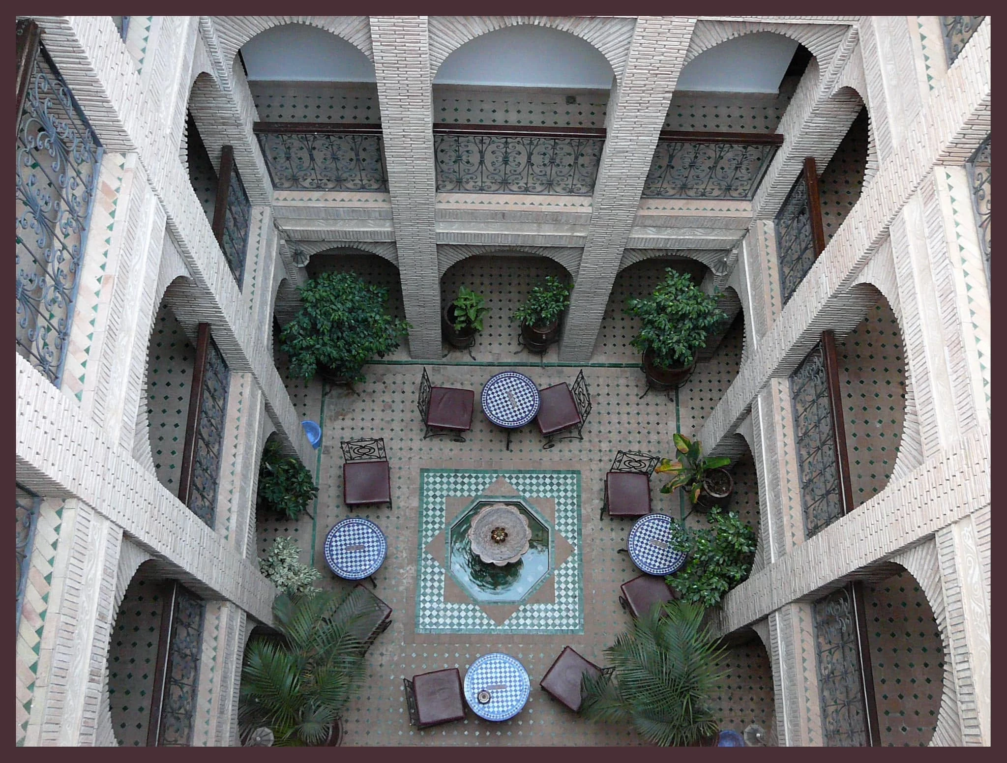 Rooftop terrace of a Marrakech riad at dusk