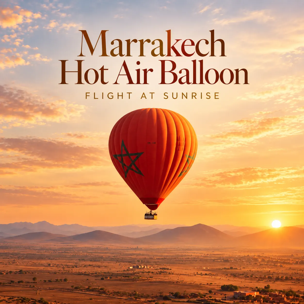 Globo aerostático elevándose sobre las colinas de Jbilet, al norte de Marrakech, al amanecer