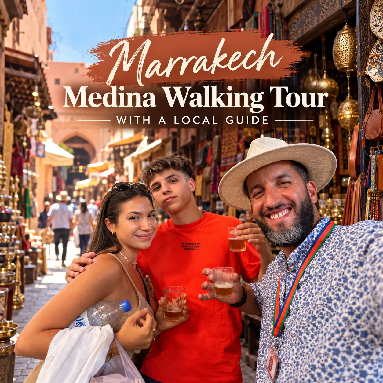Callejuela estrecha de la medina de Marrakech con tiendas, un guía y visitantes