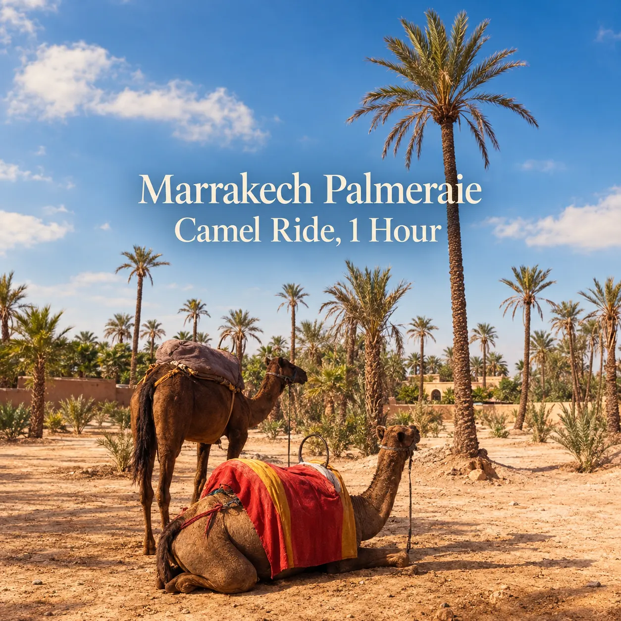 Dromedarios descansando entre las palmeras del Palmeral de Marrakech